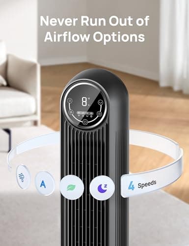 Dreo Tower Fan for Bedroom, 25ft/s Velocity 28dB Quiet Floor Fan, 90° Oscillating Fans for Indoors with 4 Speeds, 4 Modes, 8H Timer, Bladeless Standing Fan, Black, Nomad One (DR-HTF007)