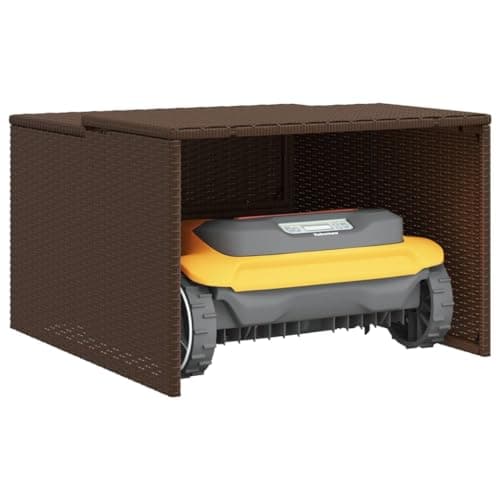 vidaXL Robot Mower Garage - Brown Poly Rattan, Weather-Resistant Storage Shed, 33.9"x35.4"x20.5"/22.4" for Garden Robotic Lawn Mower