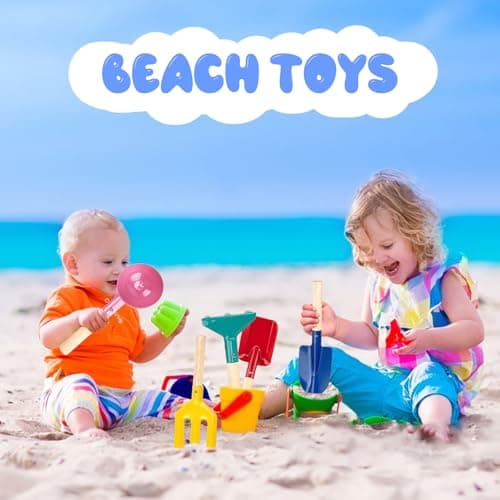 Beach Toys, 5 Pcs Kids Garden Tools, 8'' Children Beach Sand Toys Gardening Set with Sturdy Wooden Handle, Safe Kids Metal Beach Shovel with Spoon, Fork, Rake, Flat Shovel & Pointed Shovel