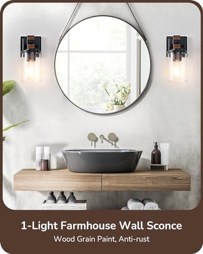 EDISHINE Wall Sconces Set of 2, Farmhouse Vanity Lights Fixtures for Bathroom, 1-Light Faux Wood Rustic Bath Wall Mount Lamp with Clear Glass Shade for Hallway, Living Room, Mirror, Kitchen