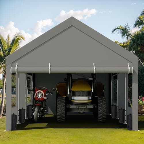 JY QAQA Carport, 12x20 FT Heavy Duty Carport with Removable Side Walls and Doors, Portable Garage with Roll-Up Window and Sandbags, Car Canopy with All-Season Tarp for Cars, Trucks, Boats, Gray