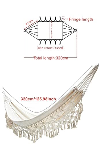 Hammock Brazilian Double Hammocks Soft Comfortable Fabric Cotton Canvas Hanging Portable Two Person Hammock Boho Fringe Large for Adults Backyard Travel