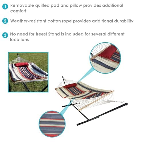 Sunnydaze Rope Hammock with Stand Combo - 275-Pound Capacity - Includes 12-Foot Hammock Stand, Spreader Bar, Pad, and Pillow - Modern Lines