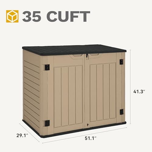 DWVO 35 Cuft Outdoor Horizontal Storage, Waterproof Resin Storage Shed with Floor and Multiple Accesses for Garden Tools, Easy Assembly, Brown (No Shelf Included)