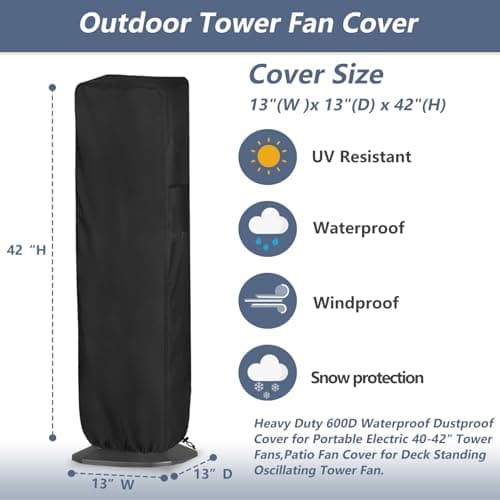 Outdoor Tower Fan Cover, Heavy Duty 600D Waterproof Dustproof Cover for Portable Electric 40-42" Tower Fans, Black