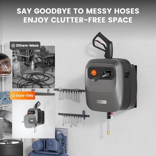 Giraffe Tools Grandfalls Pressure Washer G20 Pro, 2500 PSI 2.2 GPM, Wall Mounted Power Washer with 65FT Hose Reel, Ultra-Soft Pressure Hoses, 4 Nozzles for Floor/Cars/Fences/Patios, Dark Silver
