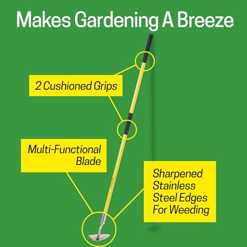 Spear Head Hoe Garden Tool - Long Handle Hoe with 59" Fiberglass Handle, 2 Cushioned Grips, & Stainless Steel Blade with Sharpened Edges & Rake - Multipurpose Garden Tool for Weeding & More (Yellow)