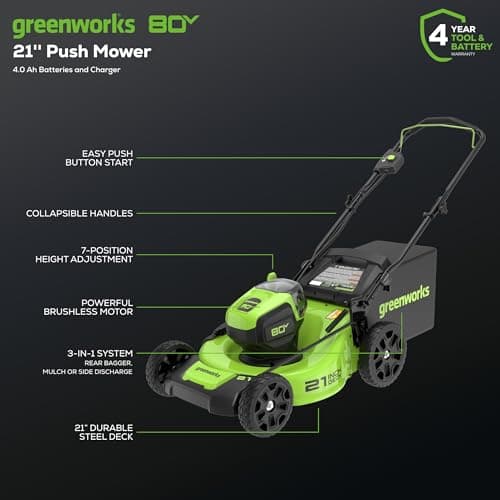 Greenworks 80V 21" Brushless Cordless (Push) Lawn Mower (75+ Compatible Tools), 4.0Ah Battery and 60 Minute Rapid Charger Included
