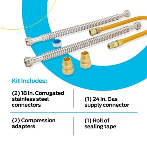 Eastman Gas Water Heater Installation Kit, 18 Inch Corrugated Stainless Steel Water Heater Hoses, 24 Inch Yellow Gas Supply Connector, 48280
