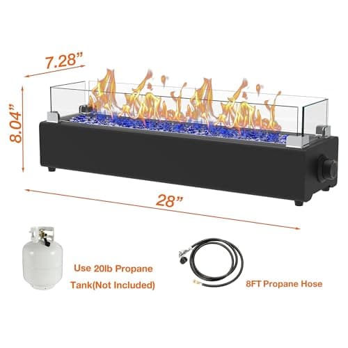 28-inch Table Top Propane Fire Pit, 40,000 BTU Tabletop Firepit for Patio, Outdoor Portable Fireplace Rectangular Fire Bowl w/Wind Glass Shield, Glass Rocks - Black