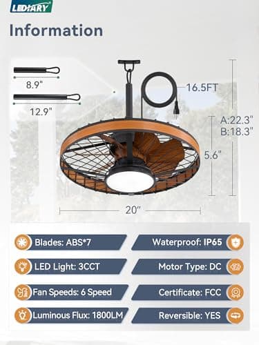 LEDIARY Outdoor Ceiling Fans with Lights, IP65 Waterproof Gazebo Fan with Hanging Hook,6 Speeds, 3CCT, 20 Inch Wet Rated Plug in Ceiling Fan for Patios,Porch, Pergola,Canopy