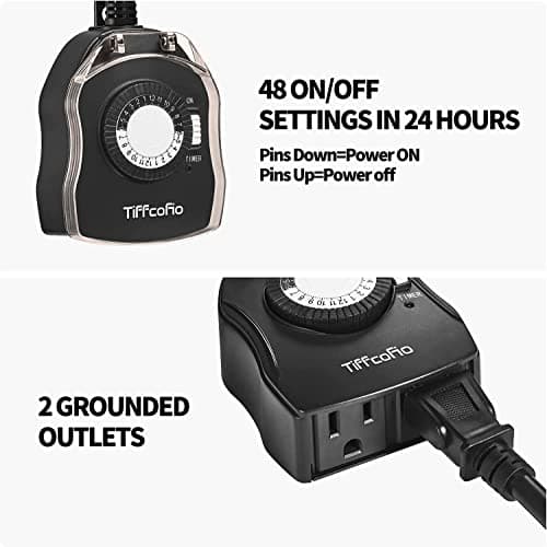 TiFFCOFiO Outdoor Timers Waterproof, 24 Hour Mechanical Outdoor Timer for Lights, Outdoor Outlet Timer, 2 Grounded Outlets for Yard and Garden, 15A 1/2HP, CSA Listed, 2 Pack