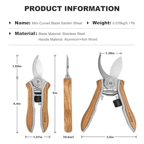 Mini Pruning Shears for Gardening Curved Blades Hand Pruners with Wooden Handle Garden Scissors Snips Stainless Steel Trimming Small Clippers Bonsai Compact Size Sheaering Tool
