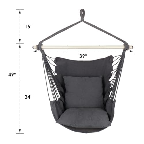 Highwild Hammock Chair Hanging Rope Swing - Max 500 Lbs - 2 Cushions Included - Steel Spreader Bar with Anti-Slip Rings - for Any Indoor or Outdoor Spaces (Grey)
