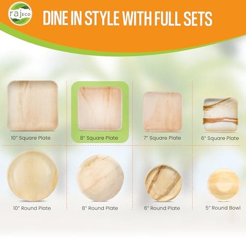 Raj Eco Compostable Palm Leaf Plates Like Bamboo Plates Disposable - 8 Inch Square 50 party plates, Natural wooden, Eco-Friendly, fancy Biodegradable & Disposable Dessert appetizer Plates