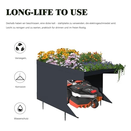 Weatherproof Robotic Lawn Mower Garage with Planter | Heavy-Duty Metal Shelter for Robotic Lawn Mower (27.56x39.37x24.41in) | UV Protection & Drainage System