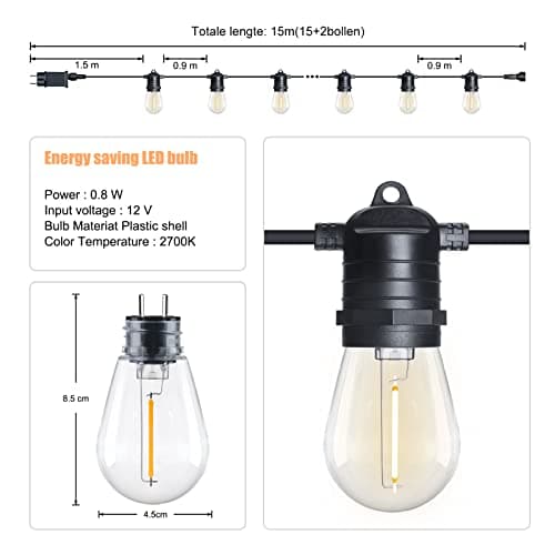 12V Low Voltage Outdoor String Lights, S14 LED String Lights 48FT Outdoor Hanging String Light Shatter-Proof, Outdoor LED String Lights Patio String Light, Décor for Patio, Backyard, Gazebo, Porch