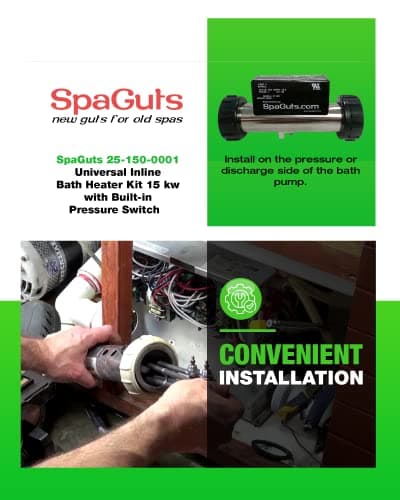 SpaGuts 25-150-0001 Universal Inline Bath Heater Kit, 1.5KW, 110V, 7x1.5 inches, with Built-in Pressure Switch
