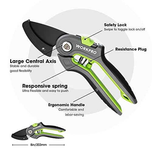 WORKPRO Anvil Pruning Shears, 8’’ Professional Gardening Hand Pruner with SK5 Steel Sharp Blades, Ideal Gardening Tool for Cutting and Trimming, Green