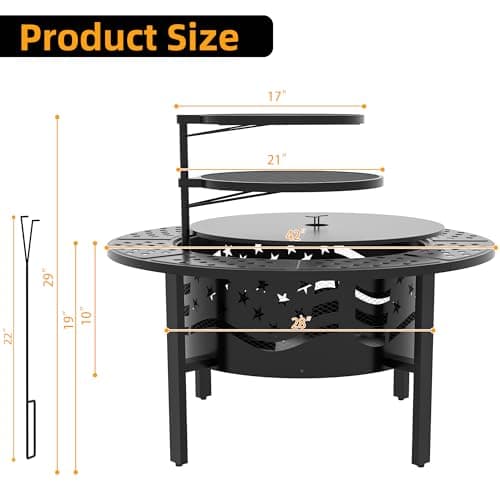 PrimeZone 42" Outdoor Fire Pit with 2 Grills - Wood Burning Firepit for Outside with Cover & Poker, Heavy Duty Metal Fire Pit Large Round Fireplace for Patio, Backyard, Picnic, Camping, Bonfire