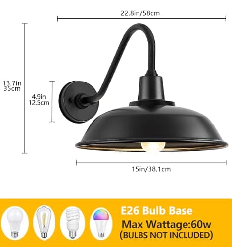 Large 15" Black Outdoor Gooseneck Barn Light, Vintage Farmhouse Classic Wall Mounted Barn Light Fixture for Garage, Porch, Patio Gooseneck Light