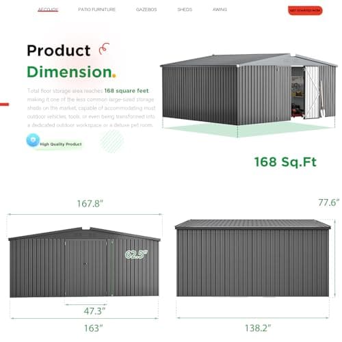 AECOJOY Shed 14' x 12' Storage Shed, Outdoor Metal Storage Sheds & Outdoor Storage 12x14 with Lockable Doors, Large Steel Yard Shed, Utility Tool Storage for Garden, Patio, Outside use in Dark Grey