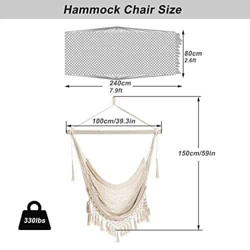 Hammock Chair，Max 330lbs, Large Hanging Chair, Soft Cotton Rope Swing Chair with High Load-Bearing Metal Rod,Indoor Outdoor Garden Yard Living Room Use Beige