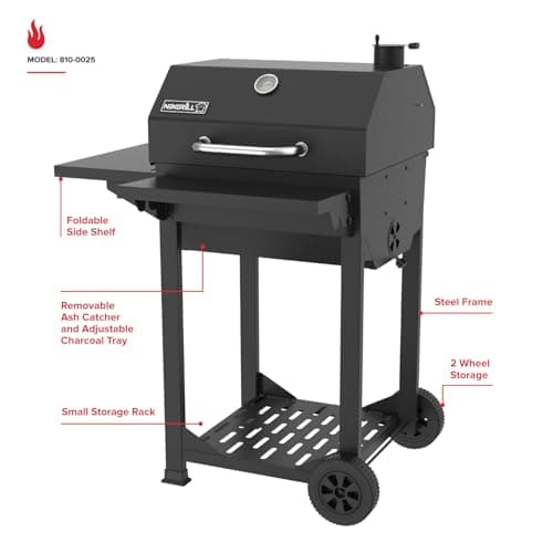 Nexgrill 22" Barrel Charcoal Grill with Side Shelf, 550 SQ In Cooking Space, Adjustable Chimney, Air Dampers, Temperature Gauge, Warming Rack, Smoker Grill for Camping, Picnics, and More - 810-0025