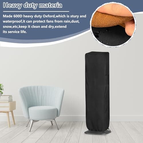 Outdoor Tower Fan Cover, Heavy Duty 600D Waterproof Dustproof Cover for Portable Electric 40-42" Tower Fans, Black