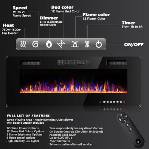 BOSSIN 60 inch Ultra-Thin Silence Linear Electric Fireplace, Recessed Wall Mounted Fireplace, Fit for 2 x 4 and 2 x 6 Stud, 12 Adjustable Flame Color & Speed,Touch Screen Remote Control with 8h Timer