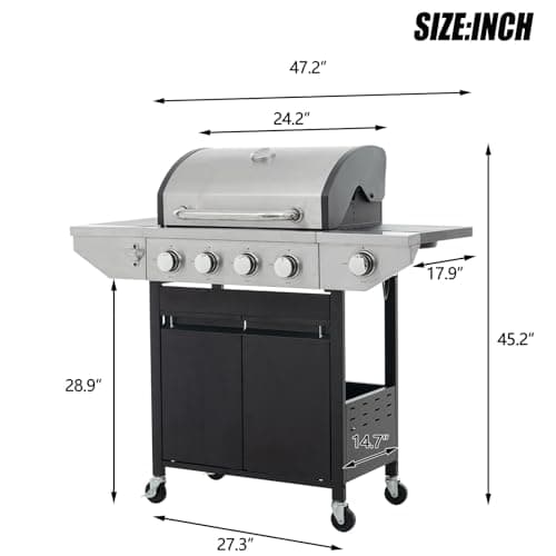 4 Burner Outdoor Propane Gas Grill with Side Burner & Thermometer, Stainless Steel Barbecue Grill with Wheels for Patio BBQ Cooking, Camping