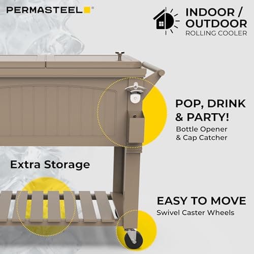 Permasteel 80-Qt Rolling Patio Cooler with Storage Shelf, Large Beverage Cart for Outdoor Entertaining, Backyard, Deck & Parties, Antique Teak Style, Taupe + Bonus Cover