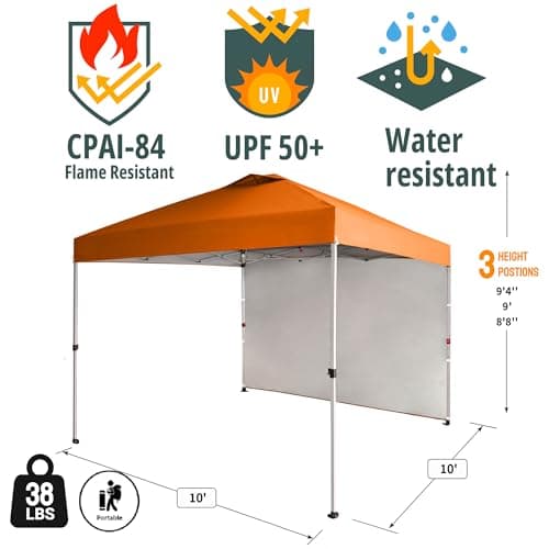 CROWN SHADES 10x10 Pop Up Canopy with 1 Side Wall - Beach Tent with One Push Setup - Outdoor Sun Shade for Events, Parties, Camping - Gazebo with STO-N-Go Cover Bag (Orange)