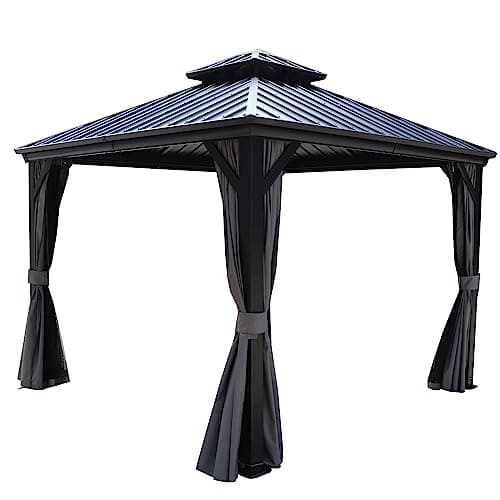 Kozyard Caesar 10'x10' Hardtop Gazebo - Permanent Metal Pavilion with Netting and Shaded Curtains for Patio, Backyard, and Deck - Galvanized Steel Outdoor Aluminum Canopy, Double Roof Gazebo (Grey)