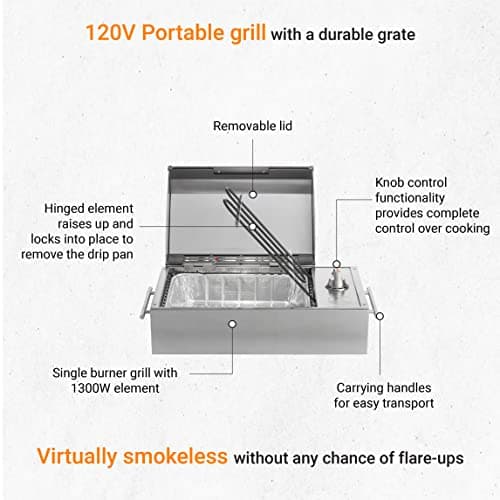 KENYON B70200 City Grill, Portable Grill, Stainless Steel, Single Burner, Knob Control, Faceted Lid, UL Approved For Use Indoors And Outdoors, Flame-Free, 120V