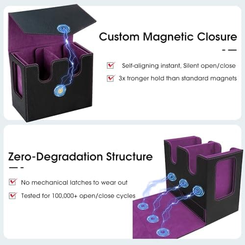 Deck Box MTG with Handle, 2 Commander Displays, 3-in-1 Card Deck Box Fits 236+ Double-sleeved Cards, Magnet Organizer with Dice Tray, 2 Card Holders, 6 Dividers for TCG, CCG -Black Purple(Patent)