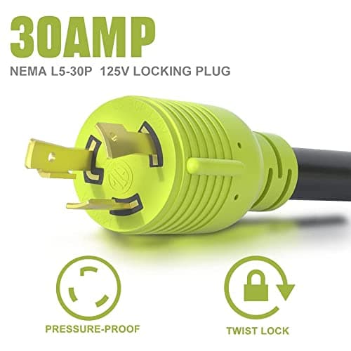 3 Prong 30 Amp RV Generator Adapter, NEMA L5-30P Twist Lock Male Plug to NEMA TT-30R Female,Outdoor Ower Equipment Suitable for RV Trailer Camper,Heavy Duty STW 10 AWG, ETL Listed (12 Inch)