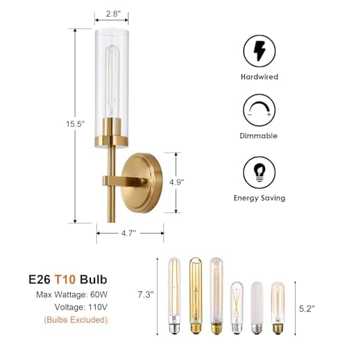 Gold Wall Sconces Set of 2, Modern Bathroom Sconces Wall Lighting Vanity Light Fixtures with Clear Glass, Brushed Brass Wall Mount Lights for Living Room Corridor Mirror Bedroom Stairs