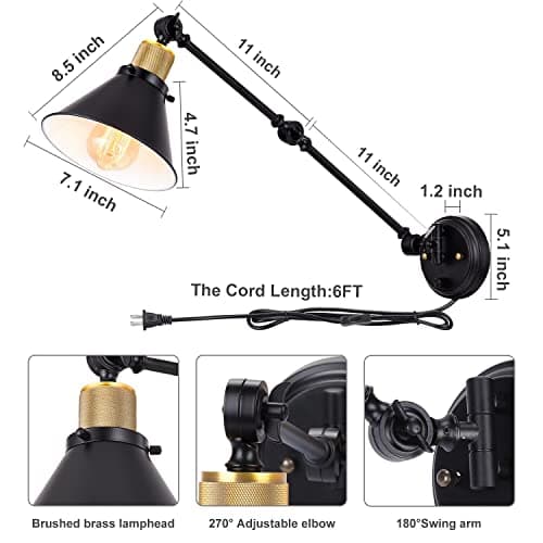 TRLIFE Wall Sconce Plug in, Dimmable Wall Sconce with Switch Swing Arm Wall Lights Plug in Wall Mounted Light Wall Sconces Lighting with 6FT Plug in Cord, E26 Base, UL Listed(Two Arms, 1 Pack)