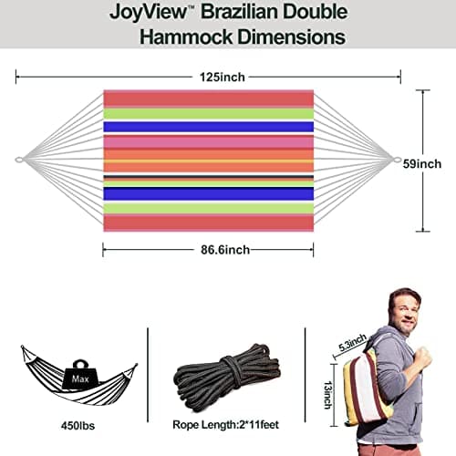 JoyView Brazilian Double Hammock with Hanging Ropes Extra Large 86.6x59” Portable Cotton Hammock for Patio Backyard Porch 450LBS Weight Capacity Perfect for Outdoor/Indoor - Color Stripes