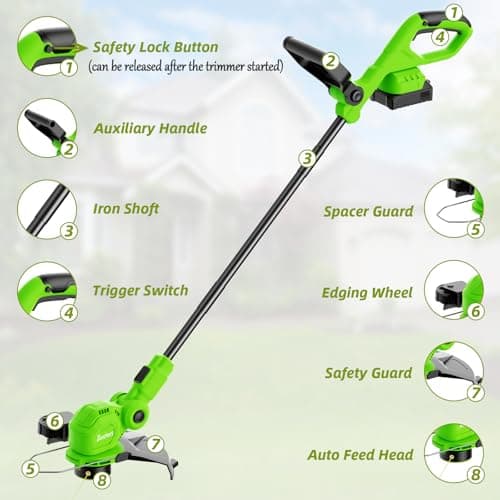 12-inch 20V Cordless String Trimmer with Charger, 2 X 2.0Ah Battery Powered Grass Mover with Auto Line Feed, 2 in 1 Lawn Edger with 8 Pcs Grass Cutter Spool Line and 2 Spool Cap, Green