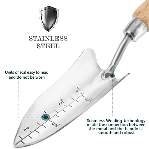 Transplant Trowel with Measurements, Garden Stainless Steel Potting Hand Trowel with Wooden Handle, Small Garden Hand Shovel Transplanter Tool for Planting Digging Transplanting Gardening