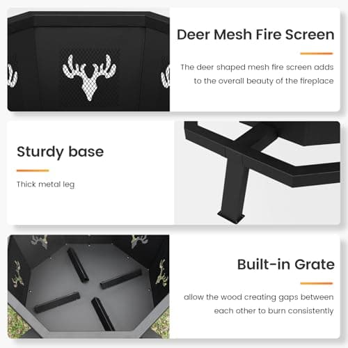 BOINN 35 Inch Fire Pit, Wood Burning Fire Pit for Outside, Heavy Duty Octagonal Firepit with Poker for Camping Backyard Patio Black