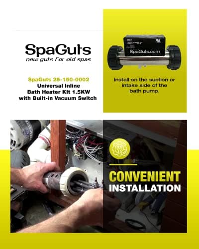 SpaGuts 25-150-0002 Universal Inline Bath Heater Kit, 1.5KW, 110V, 7x1.5 inches, with Built-in Vacuum Switch