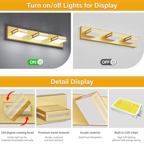 LED Modern Bathroom Vanity Light Fixtures (3-Light, 24-Inch), Acrylic Gold Bathroom Wall Lighting Fixtures Over Mirror (Cool White 6000K) with Rotatable Vanity Lights Heads