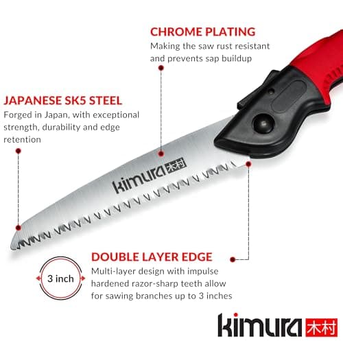 Kimura 7" Pro Folding Pruning Saw - Heavy Duty Japanese SK5 Steel, 180mm Blade, Ergonomic Soft Non-Slip Handle, Lightweight Foldable Saw for Branches, Trimming, Camping, PVC, Hiking, Wood