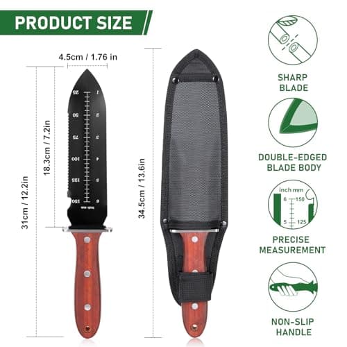 Hori Hori Garden Knife, Garden Tools with Sheath for Planting,Weeding,Digging, 7" Stainless Steel Soil Knife with Cutting Edge, Full Tang Wood Handle with Hanging Hole