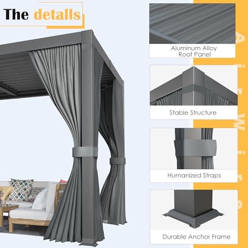 Pergola 10x12 Ft Louvered Pergola Aluminum Outdoor Pergolas W/Adjustable Roof, Waterproof Curtains and Nets Outdoor Gazebo for Deck,Patio,Backyard and Garden