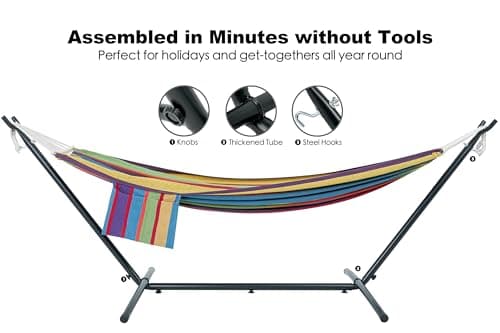 Double Hammock with Stand for Outside, Upgraded Spreader Bar, Heavy Duty Space Saving Steel Stand 2 Person, Side Pockets, Easy Assembly, 600lbs Weight Capacity, Indoor & Outdoor (Classic Red)