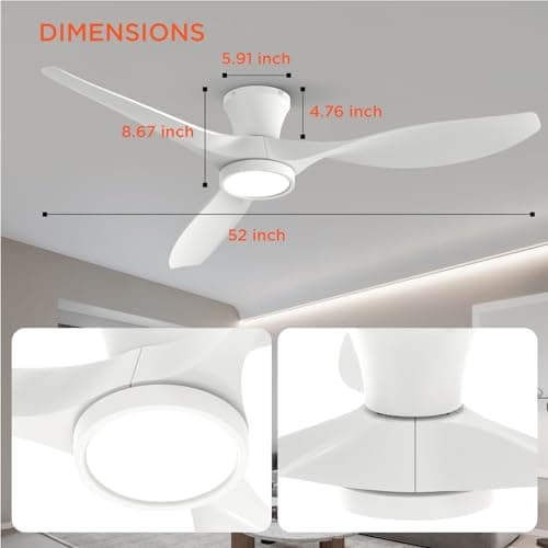 TALOYA 52 inch Ceiling Fans with Lights Remote Control, Modern Low Profile Ceiling Fan with Quiet Reversible DC Motor for Bedroom Living Room and Patio White